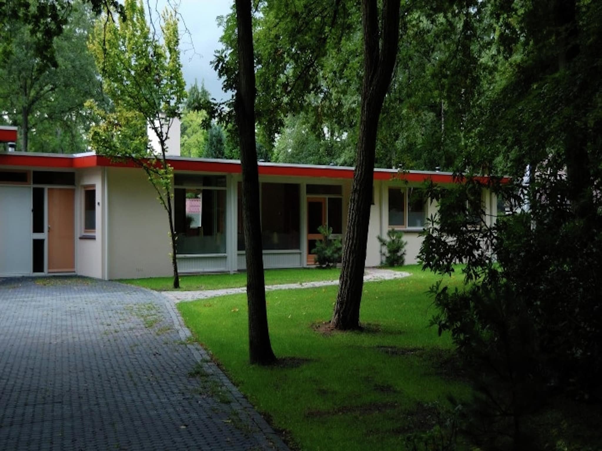 Cozy decorated house with fireplace, surrounded by forest