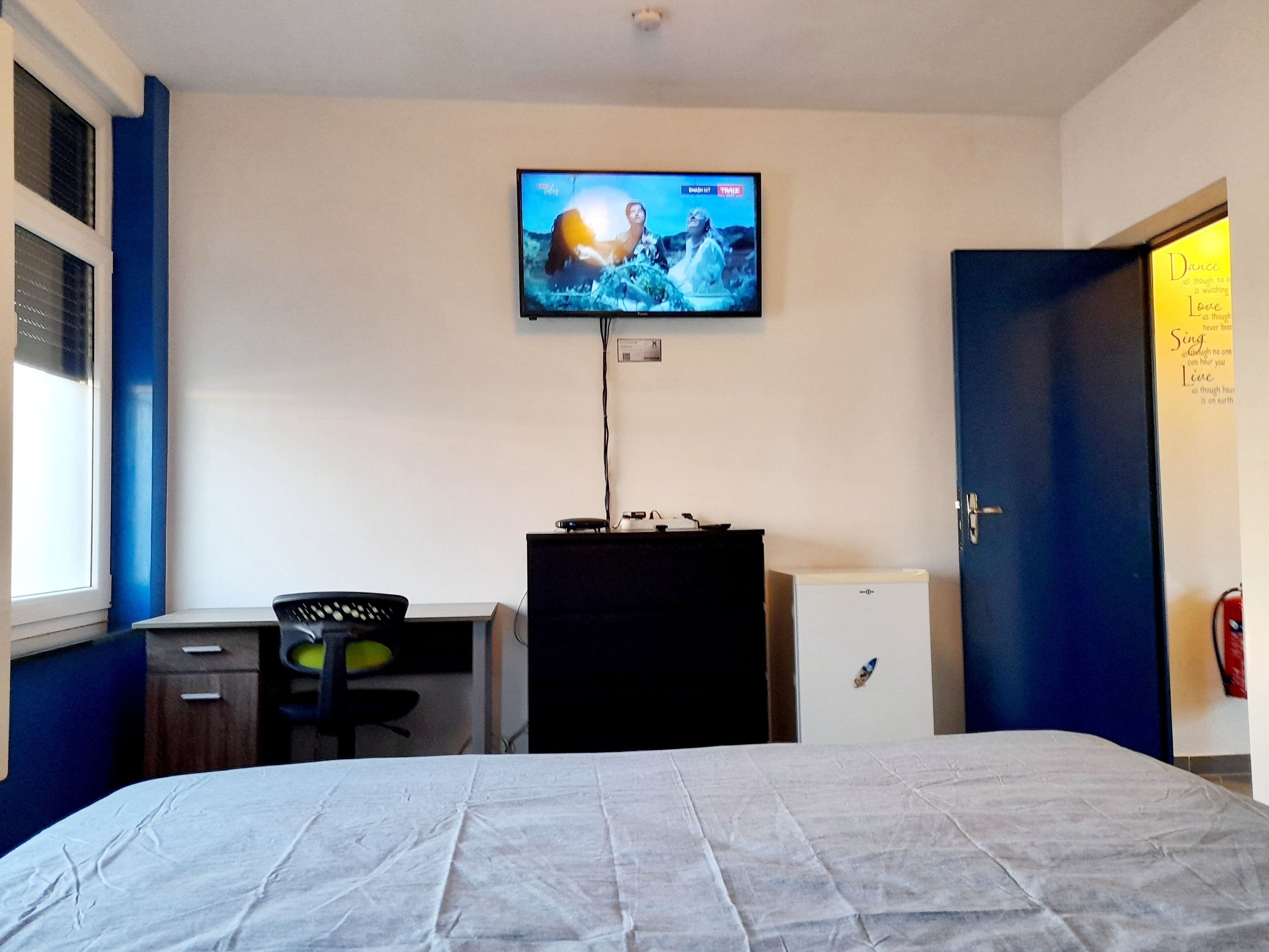 Bedroom 1, 12m square with 1 bed of 1m80 by 2m with Wifi, TV and fridge 